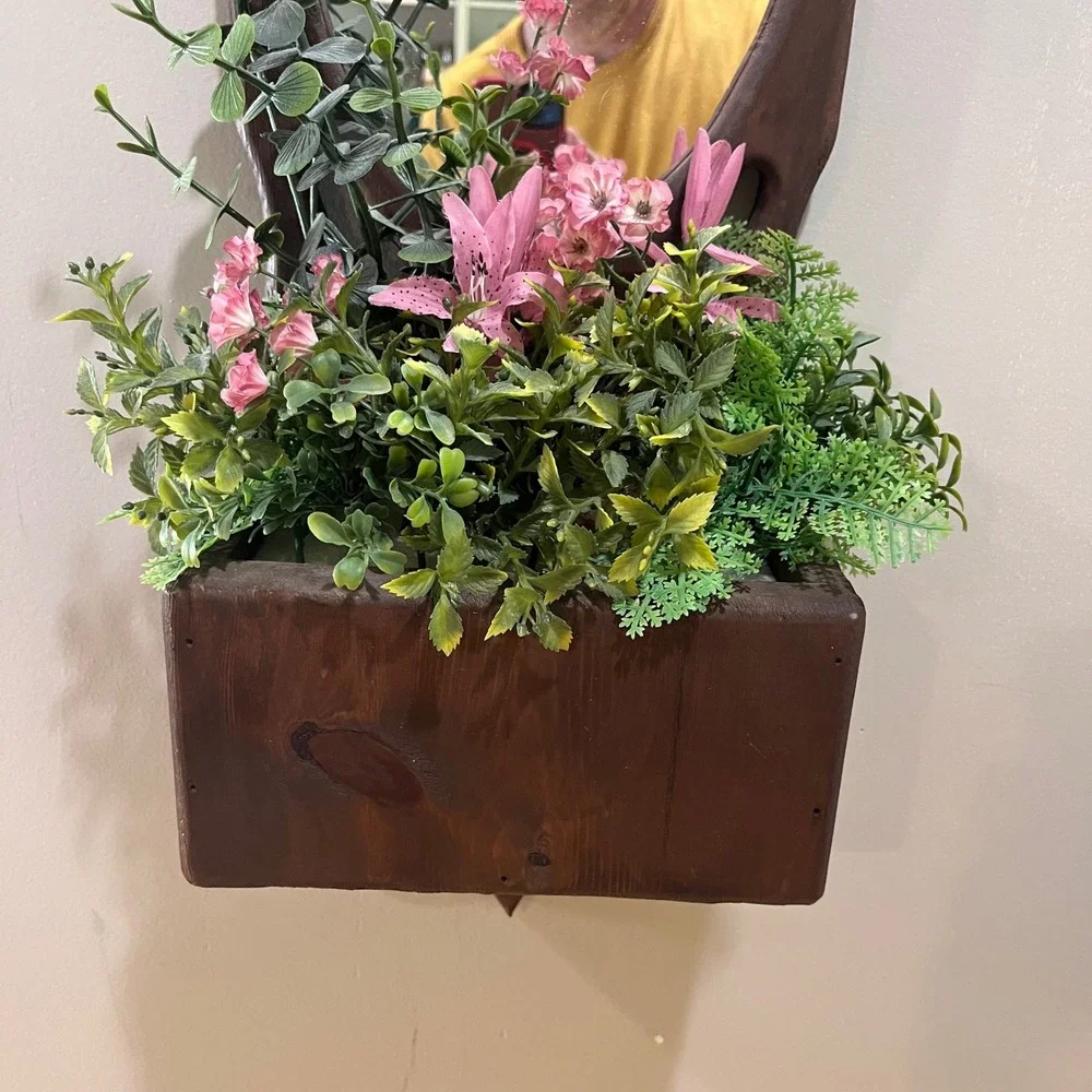 Vtg Rustic Wood Wall Pocket‎ Planter with Mirror Scrollwork Farmhouse Decor 32